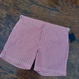 Bugatchi Men's Swim Trunks in Red/White Stripes Size 34 NWT